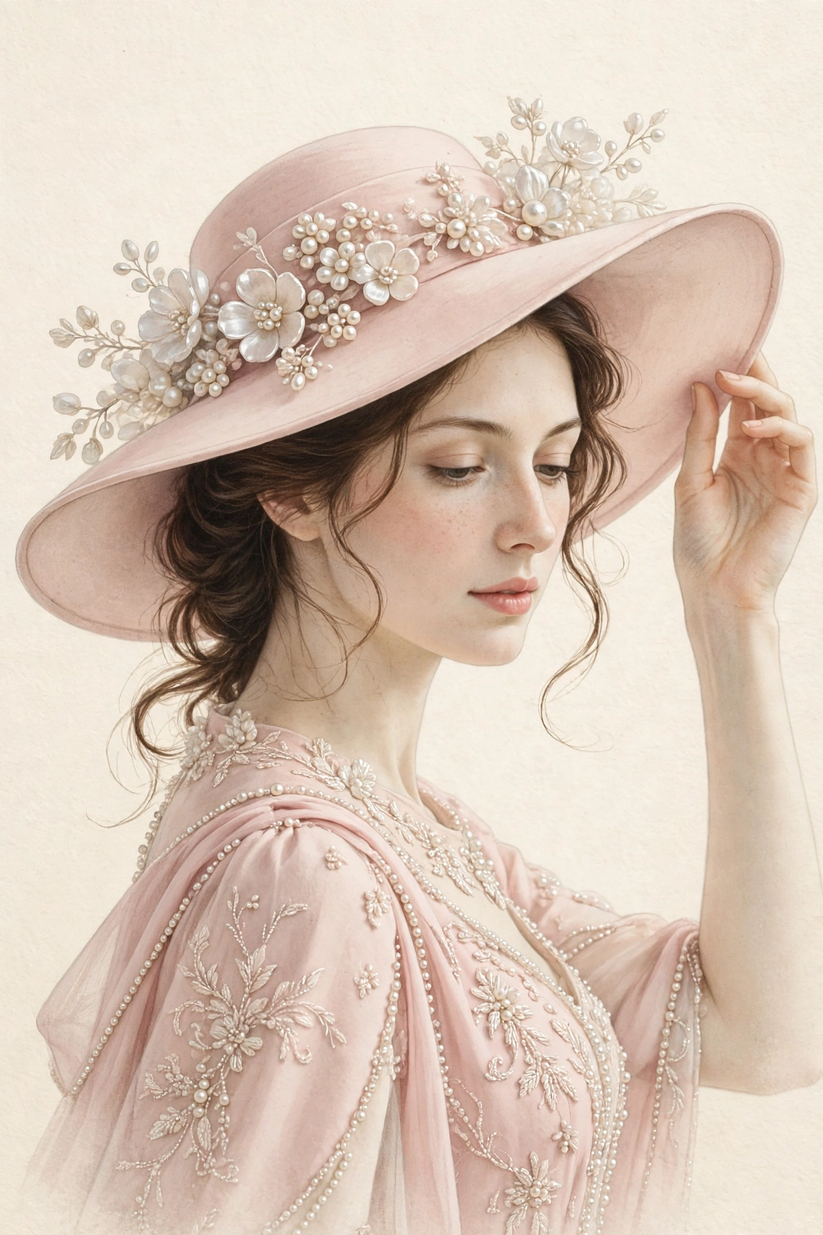 Rose Poudrée — woman in a blush pink pearl-embroidered gown and wide pink hat with pearl flowers