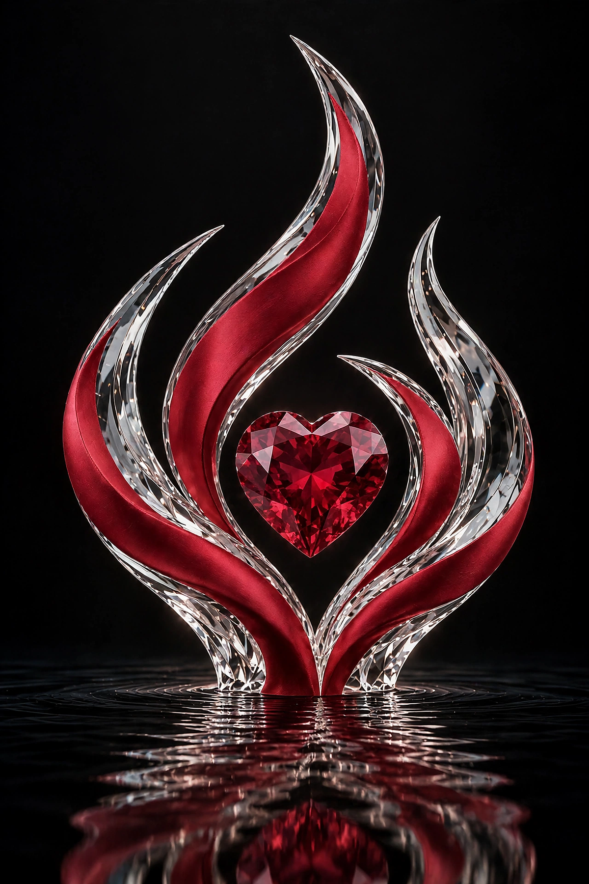 The Ruby Heart — a faceted ruby-red heart cradled in flowing crystal flames, reflected in still water