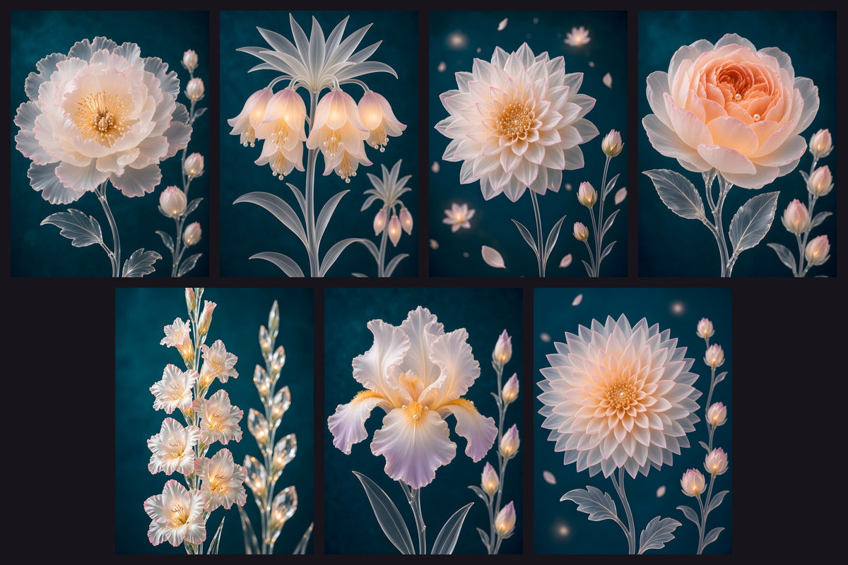 The Impossible Botanicals — Volume I: seven luminous crystal botanical fine art prints