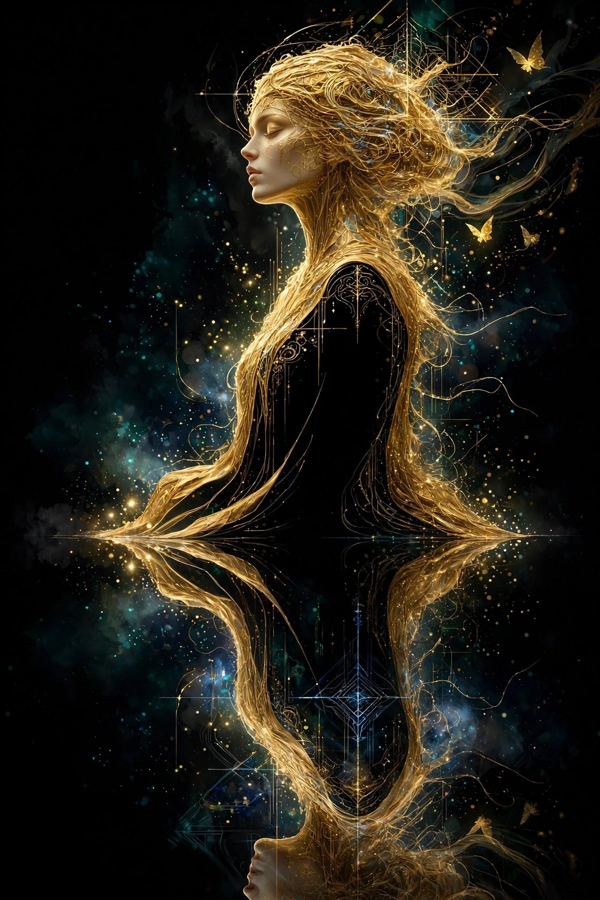 Golden-haired woman in profile reflected against a dark, starry background