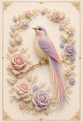 Blossom Reverie – lavender and blush songbird on a golden branch surrounded by a wreath of pearl roses in pink, ivory and lilac