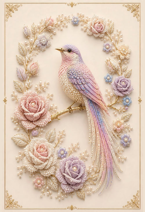 Blossom Reverie – lavender and blush songbird on a golden branch surrounded by a wreath of pearl roses in pink, ivory and lilac