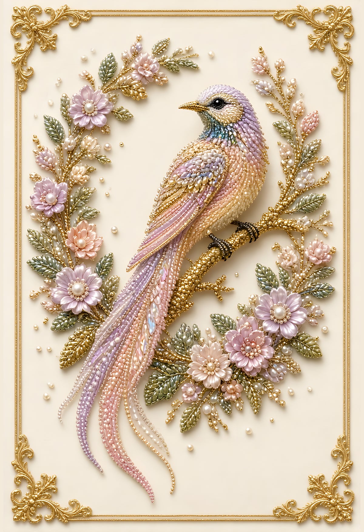 Pastel bird with pearl embroidery in an ornate gold frame