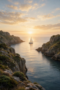 Morning Cove — rocky cove at sunrise in golden light with a medium white sailboat