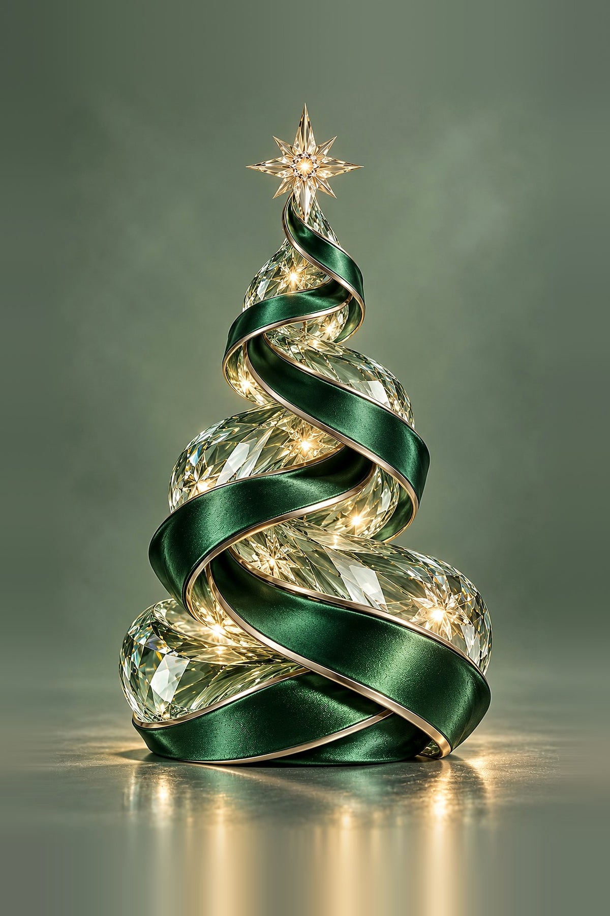 Crystal Christmas tree wrapped in an emerald green satin ribbon with a gold star on top, on a soft sage green background