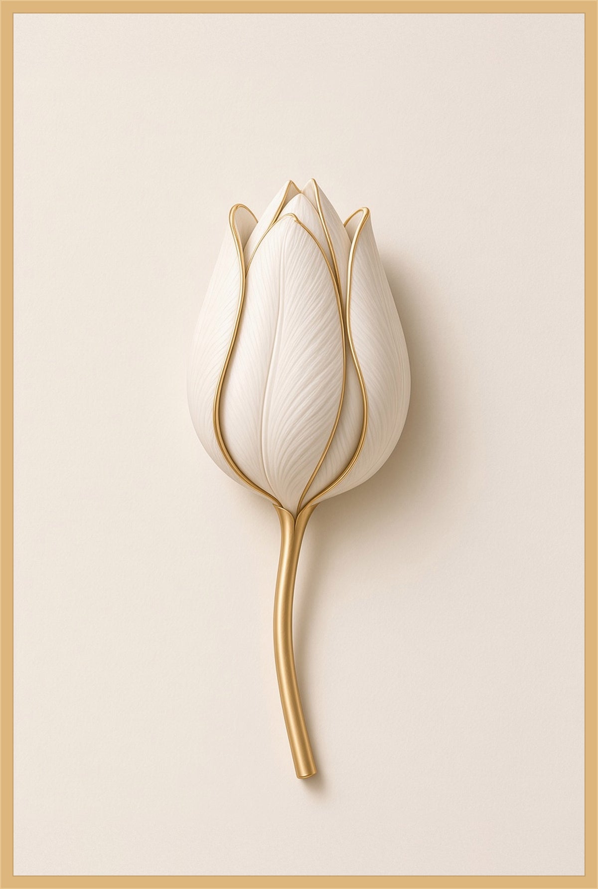 Ivory Promise — a closed ivory tulip bud with gold-edged petals on a slender golden stem against warm cream