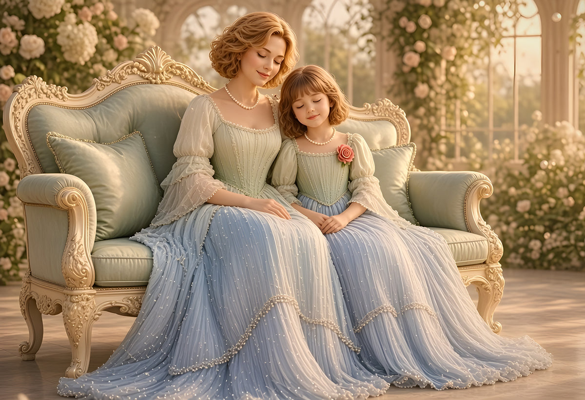 Before She Flies, mother and daughter in pearl gowns, Maison Du Silence fine art print