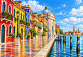 Venice Salute Waterfront in Technicolor — jewel-toned Venetian facades and mosaic paving along the lagoon with the Salute dome in the distance