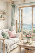 Seaside Cottage Blooms — a sunlit coastal living room in sage and blush with a white sofa, pink roses and a window over the sea