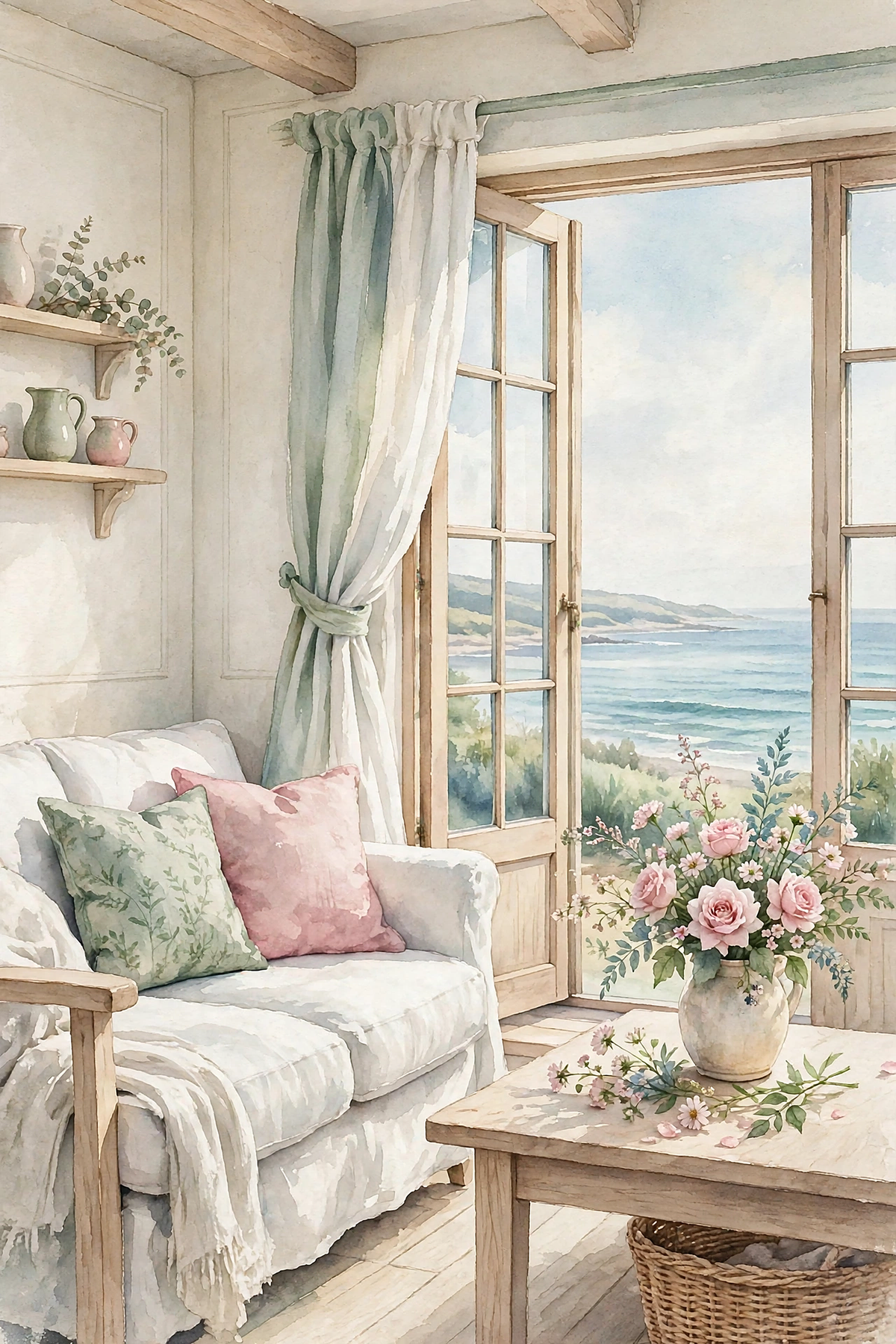 Seaside Cottage Blooms — a sunlit coastal living room in sage and blush with a white sofa, pink roses and a window over the sea