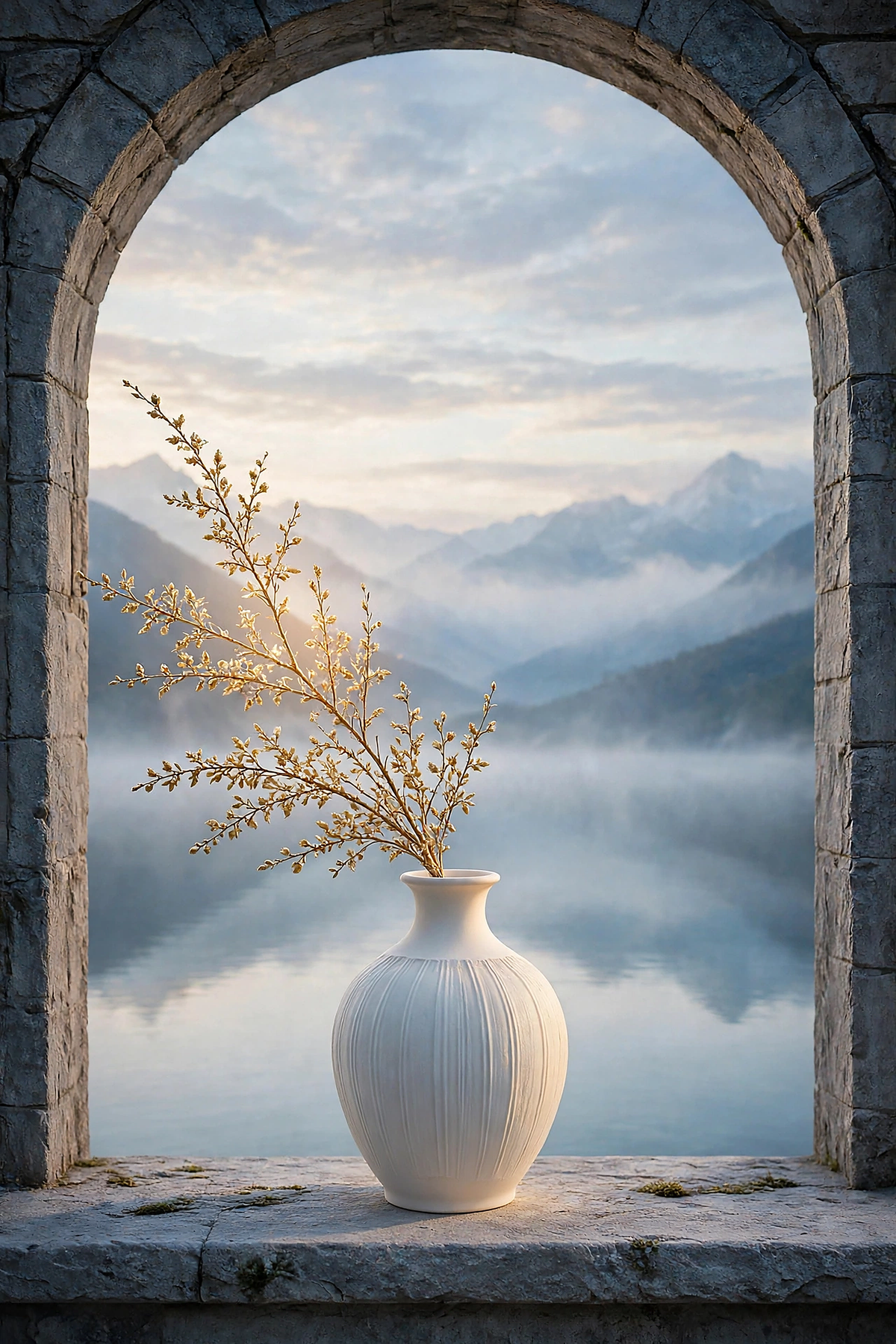White vase with pale golden branches in a stone arch overlooking a misty mountain lake at dawn