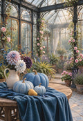 Blue Conservatory — blue velvet pumpkins in a glass conservatory of climbing roses, glowing in soft light