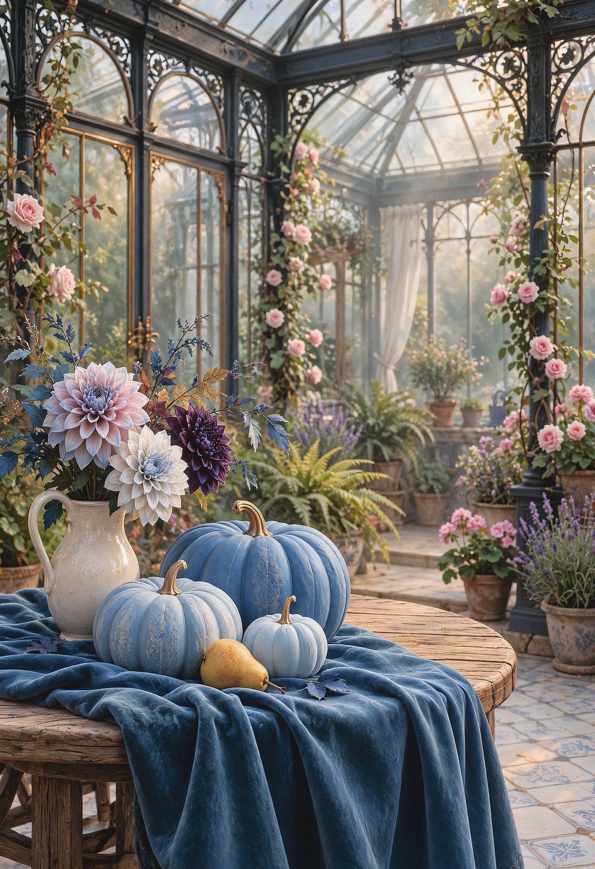 Blue Conservatory — blue velvet pumpkins in a glass conservatory of climbing roses, glowing in soft light
