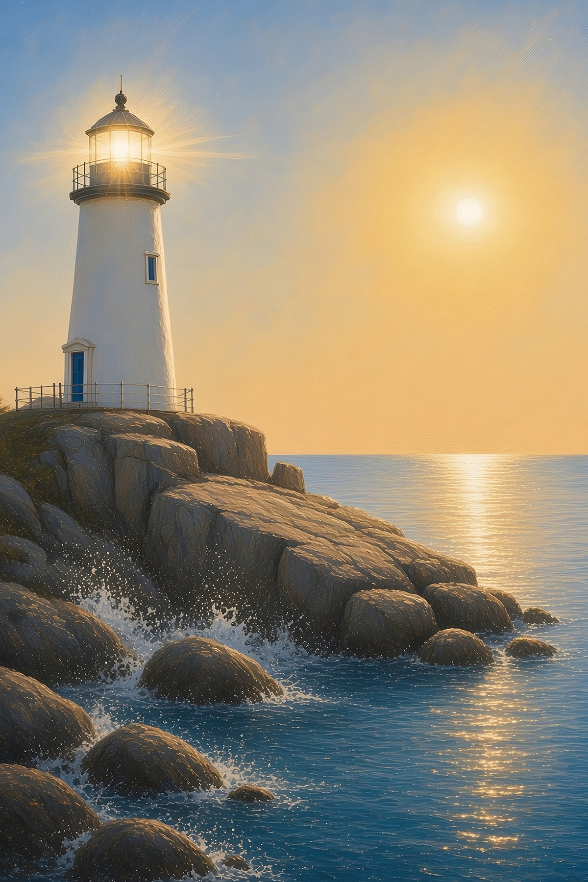 White lighthouse on dark rocks with its lamp lit, sun rising over a calm blue sea, oil painting