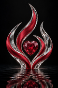 Faceted ruby heart in a crystal flame sculpture reflected on dark water