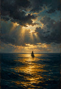 Lone sailboat beneath golden light rays breaking through storm clouds over the sea