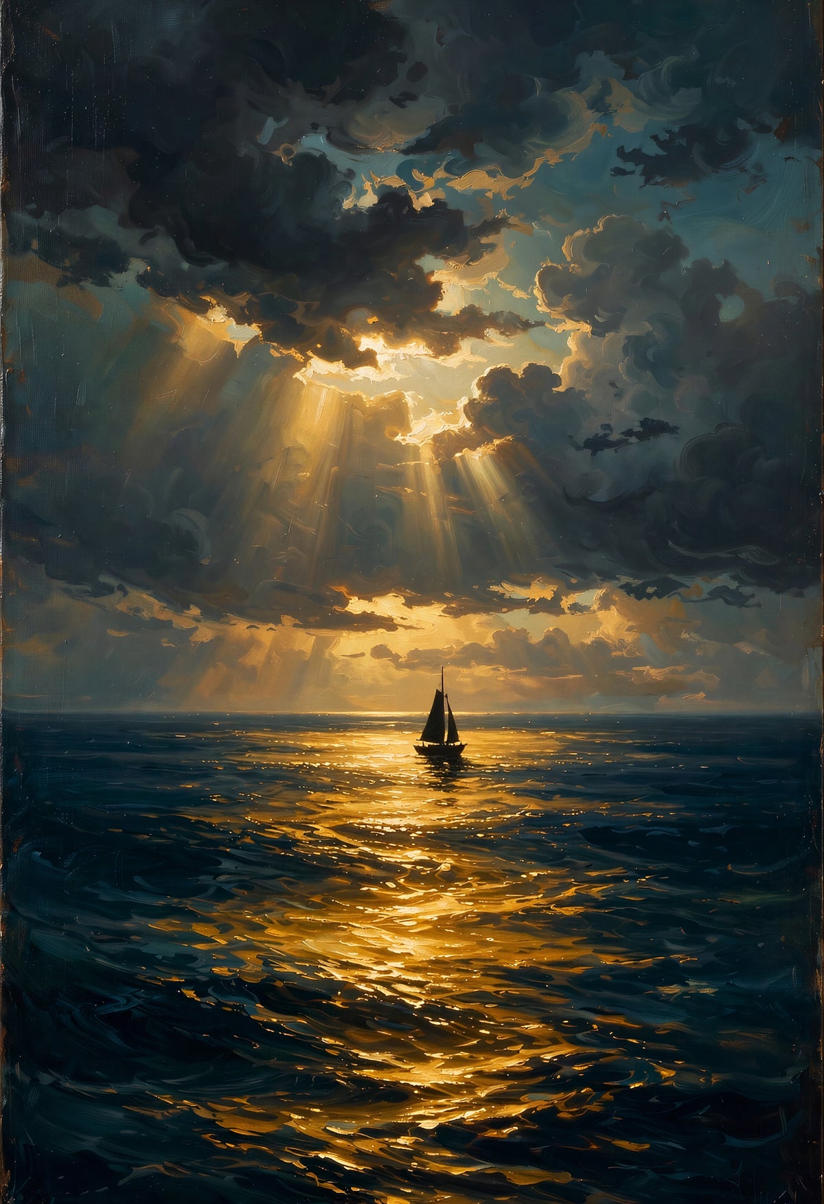 Lone sailboat beneath golden light rays breaking through storm clouds over the sea