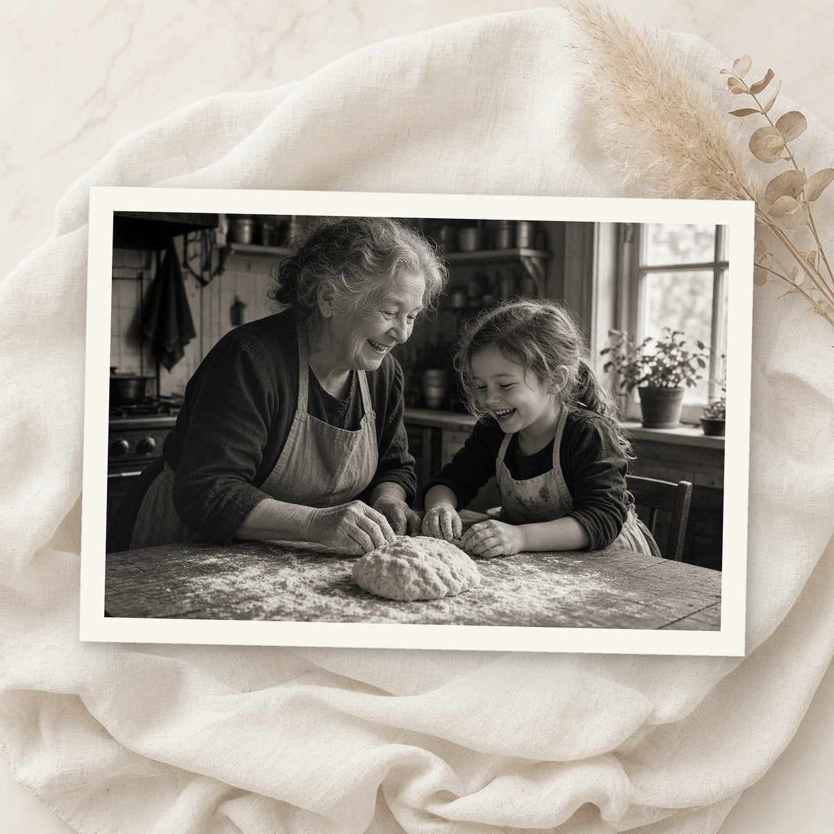 Example print: black and white photo of a grandmother and granddaughter baking together, printed on Hahnemühle FineArt Baryta 325g
