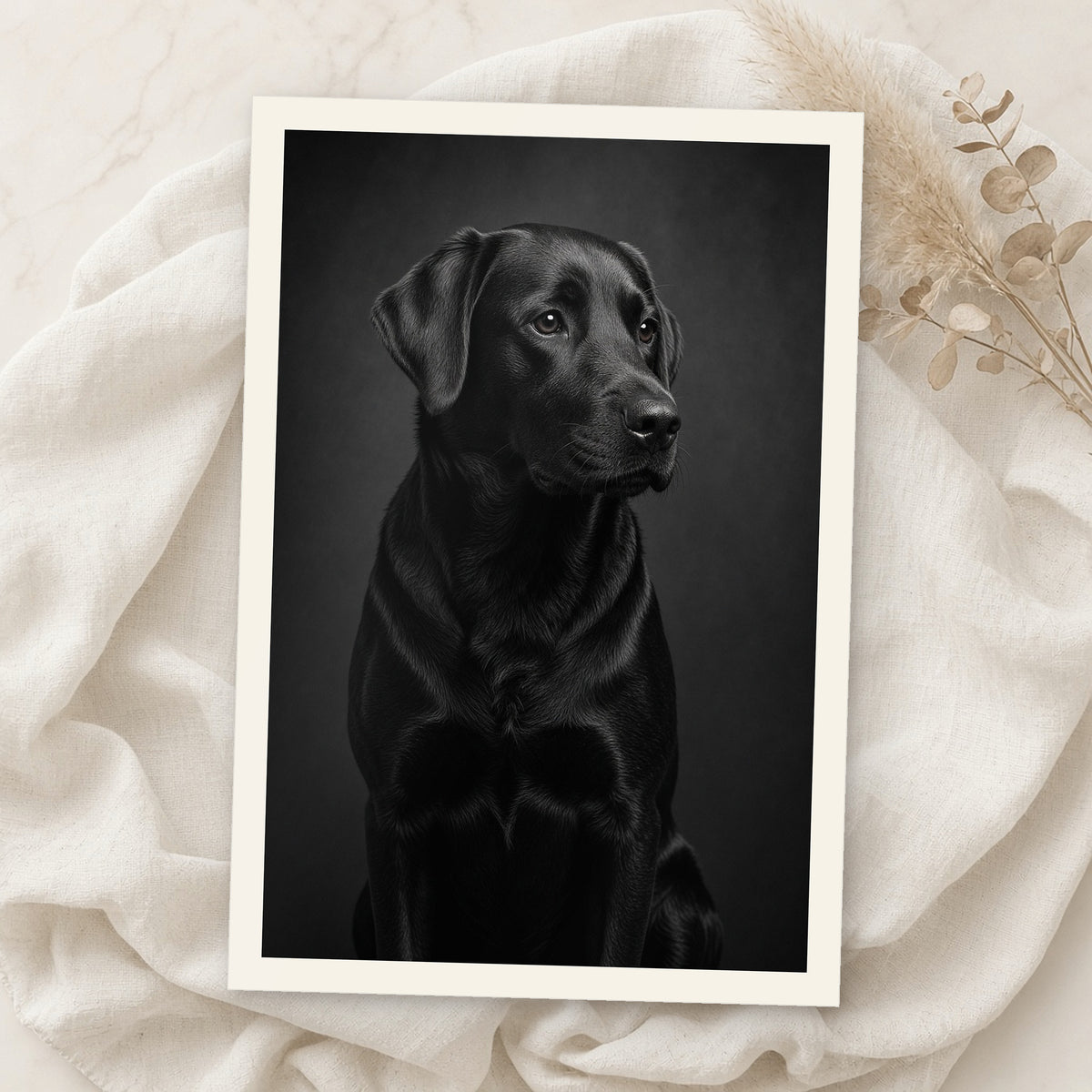Example print: black and white portrait of a black Labrador, printed on Hahnemühle Baryta FB 350g