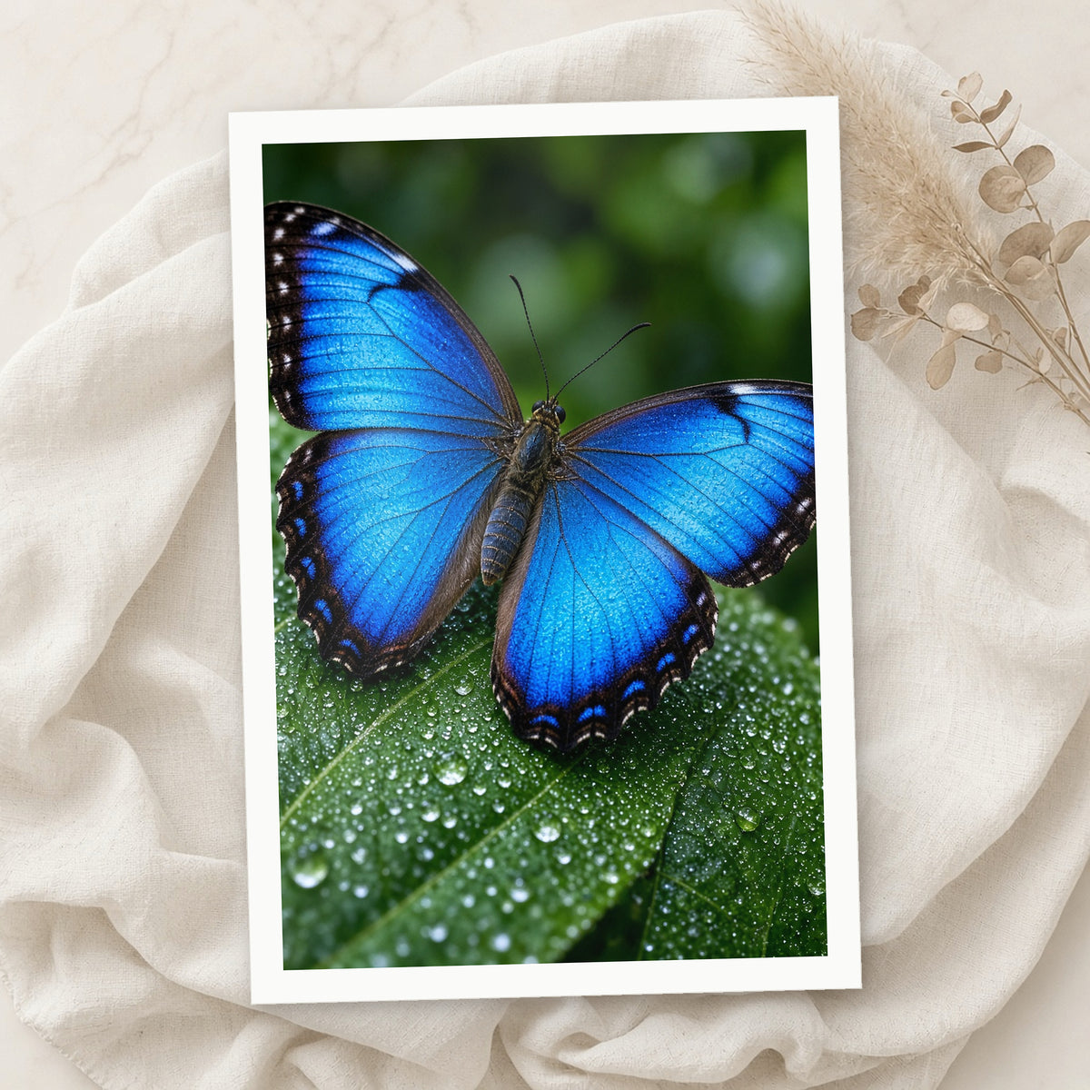 Example print: macro photo of a blue morpho butterfly on a dewy leaf, printed on Epson Metallic Photo Paper