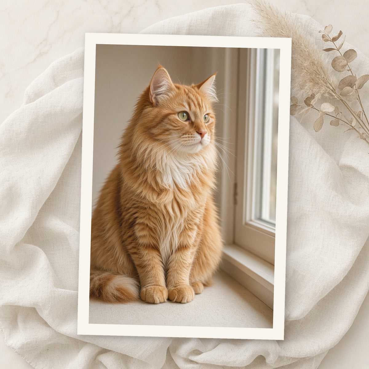 Example print: portrait of an orange tabby cat by a window, printed on Hahnemühle FineArt Pearl 285g