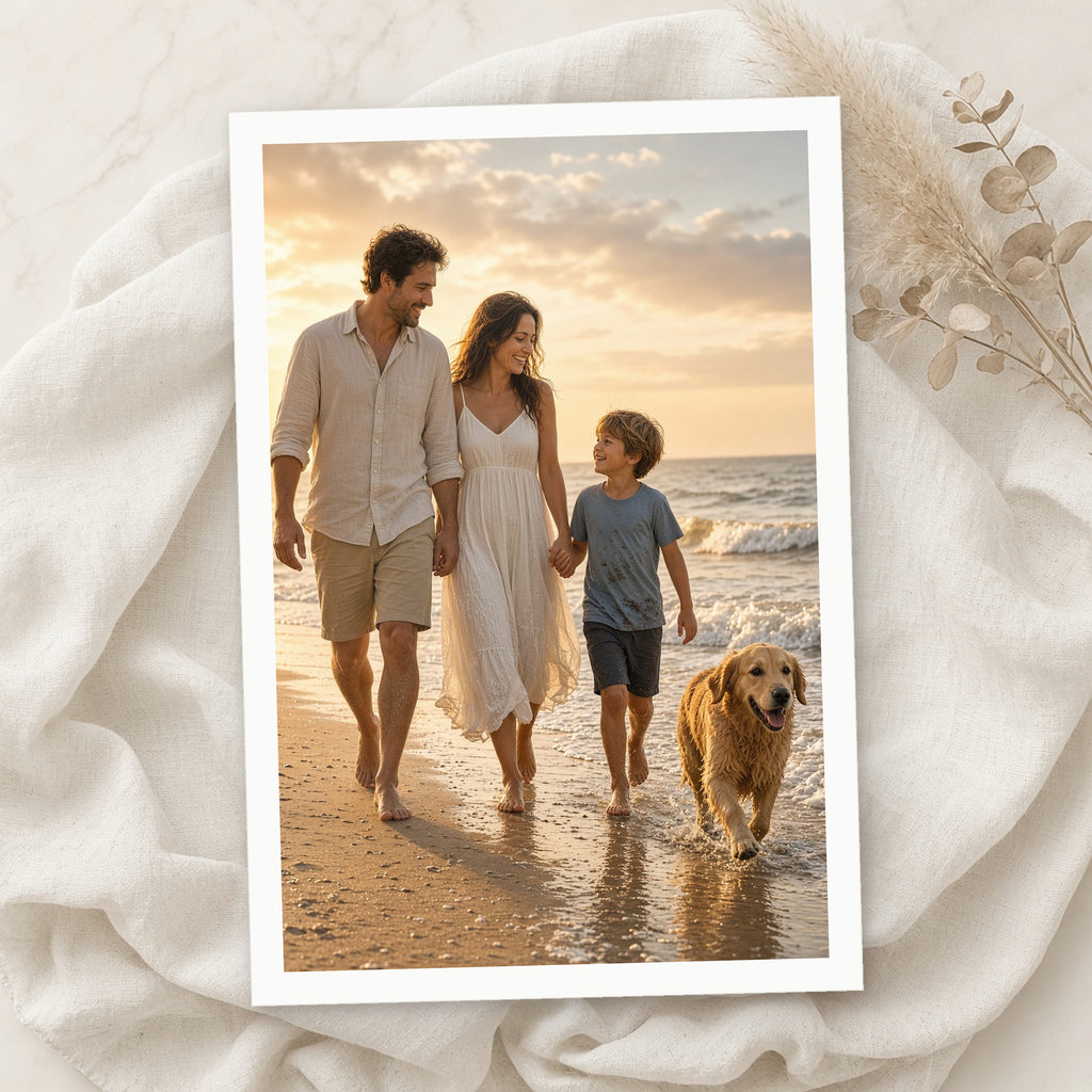 Example print: family walking on the beach at golden hour with their golden retriever, printed on Epson Ultra Premium Luster photo paper