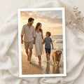 Example print: family walking on the beach at golden hour with their golden retriever, printed on Epson Ultra Premium Luster photo paper