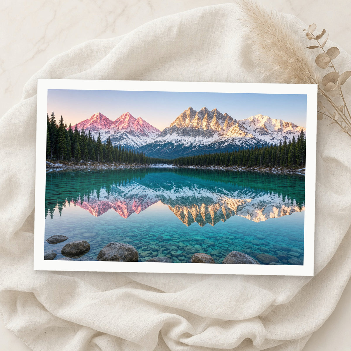 Example print: alpine lake at sunrise with snow-capped peaks, printed on Hahnemühle Photo Rag Metallic 340g