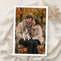 Example print: couple laughing with their Jack Russell terrier in an autumn park, printed on Hahnemühle Photo Rag Pearl 320g