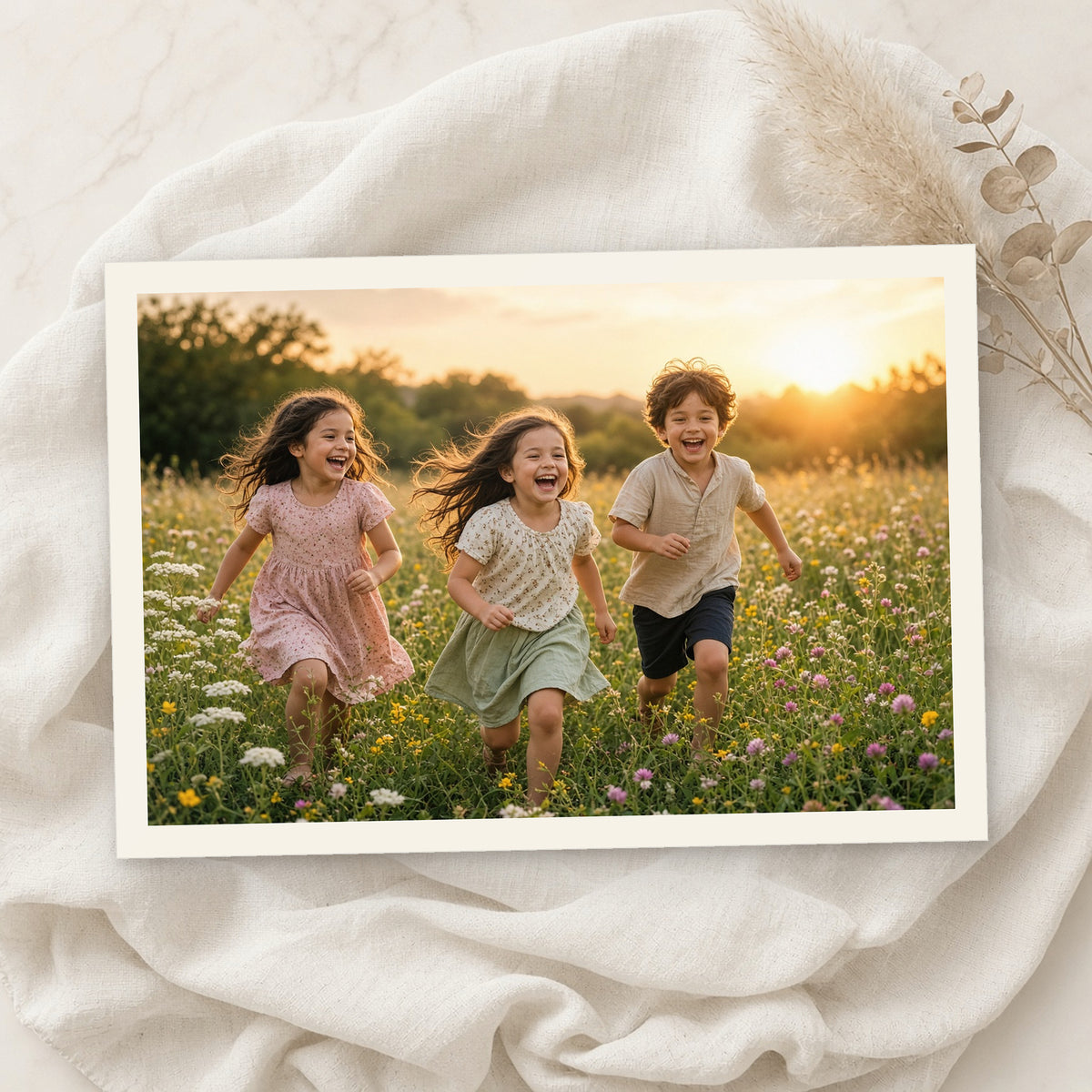 Example print: three children laughing in a wildflower meadow at sunset, printed on Hahnemühle Photo Rag Satin 310g
