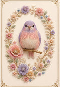 plump lavender and blush songbird on a golden branch inside a wreath of pearl flowers in pink, lilac and peach