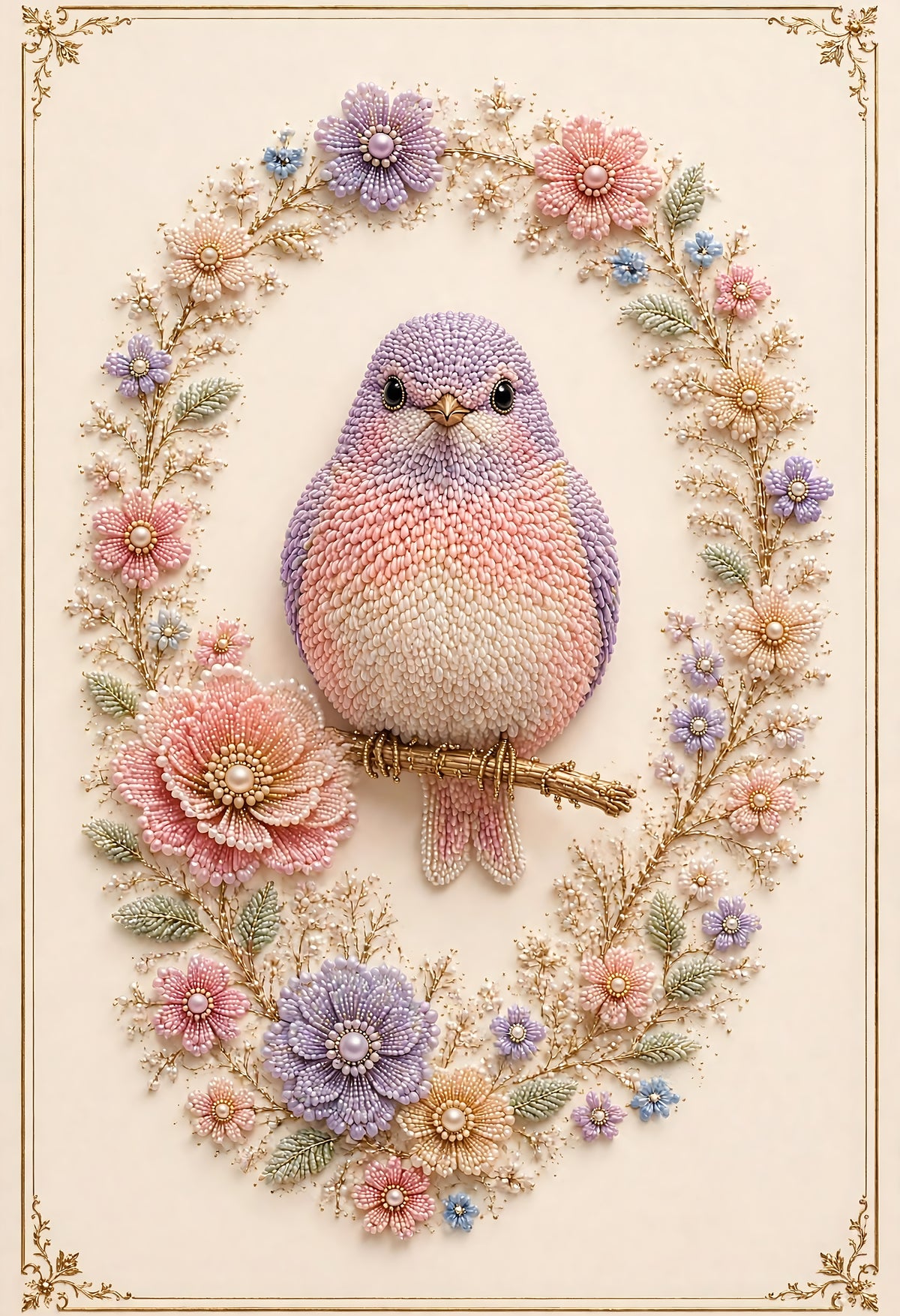 plump lavender and blush songbird on a golden branch inside a wreath of pearl flowers in pink, lilac and peach