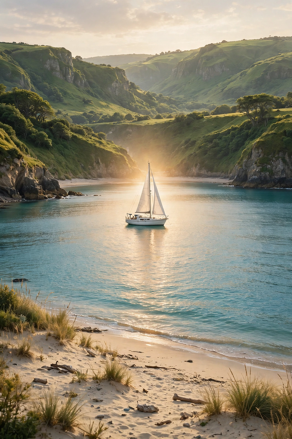 Golden Bay — bay in late afternoon golden light with green cliffs, turquoise sea and a medium white sailboat