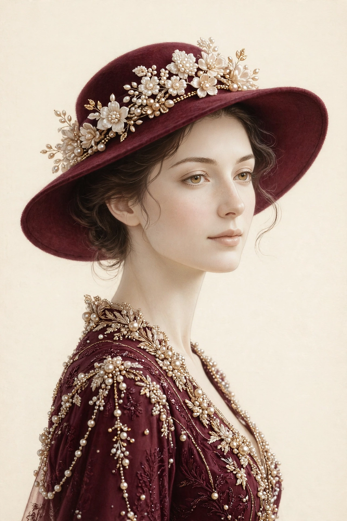 Bordeaux Silence — woman in a burgundy pearl-embroidered gown with champagne and gold details and a wide-brimmed hat crowned with pearl flowers, on a warm cream ground