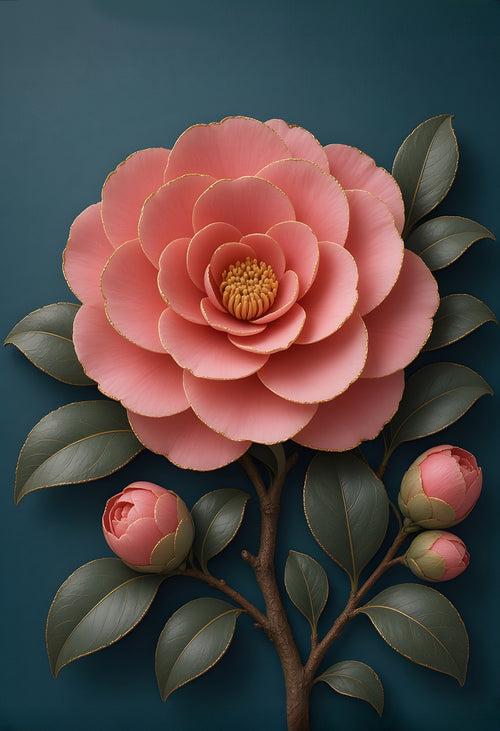 Coral Camellia — a coral porcelain-relief camellia with glossy evergreen leaves and round buds on a woody branch, deep teal