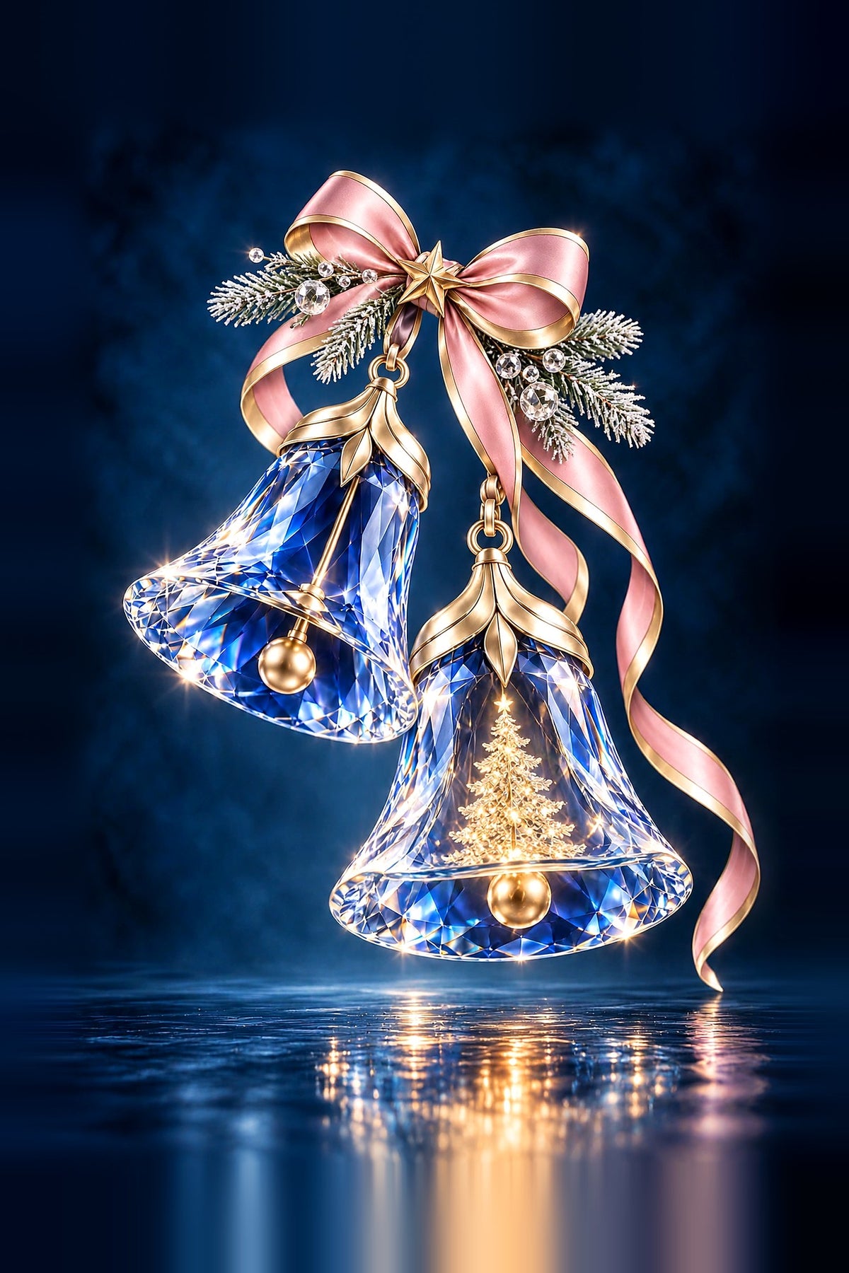 Two blue crystal Christmas bells with gold clappers tied with a pink satin bow and pine sprigs, reflected on dark navy water