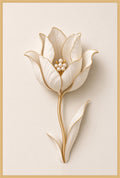 Pearl Tulip — an ivory tulip with gold-edged petals and a cluster of pearls at its heart on a golden stem with two leaves