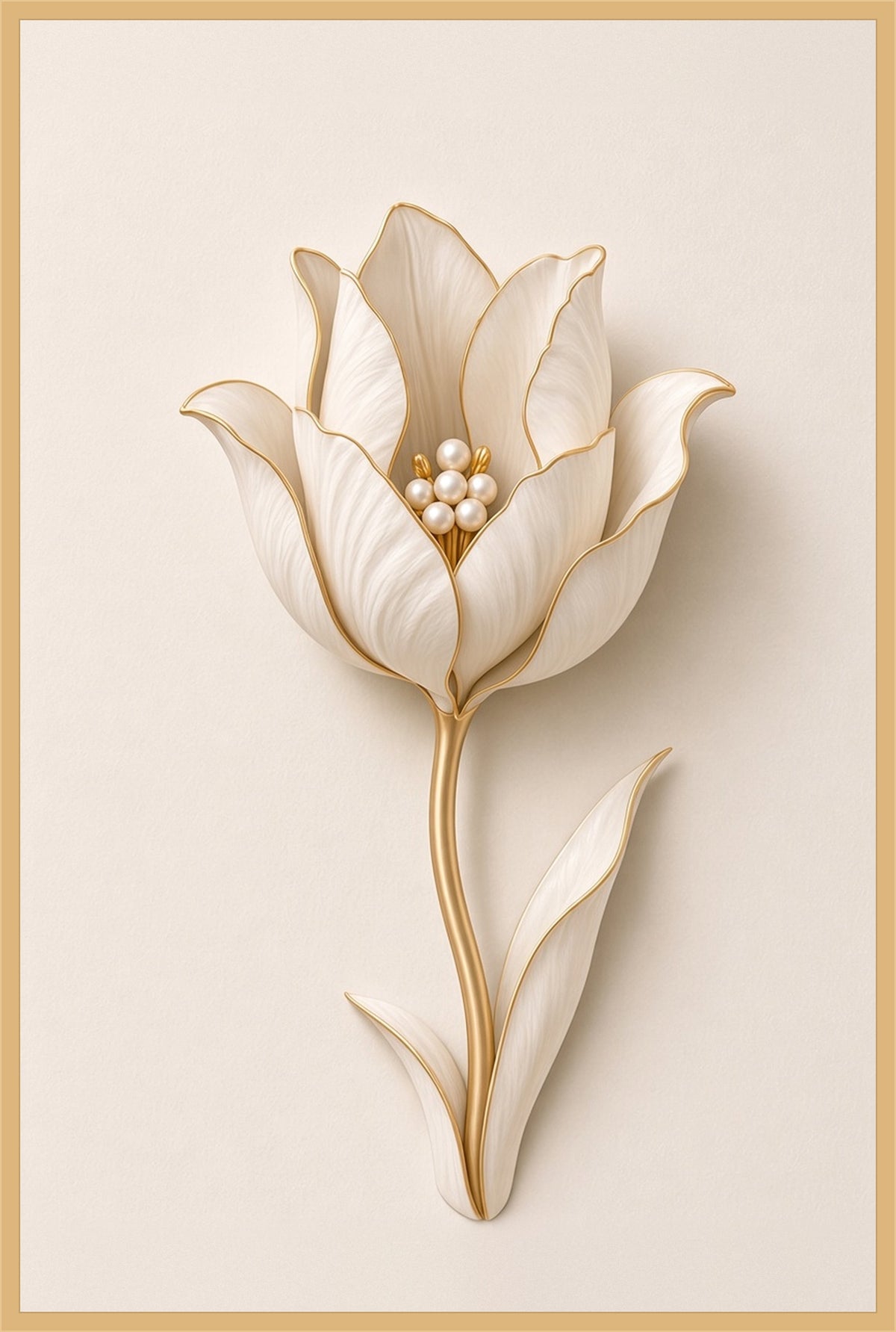 Pearl Tulip — an ivory tulip with gold-edged petals and a cluster of pearls at its heart on a golden stem with two leaves