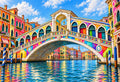 Rialto Bridge in Rainbow Mosaic — the Rialto Bridge in rainbow mosaic colors over the Grand Canal, reflected in turquoise water