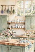 Sage Green Cottage Kitchen — a sage green cottage kitchen with open shelves of white pottery, two vases of flowers and a wooden island