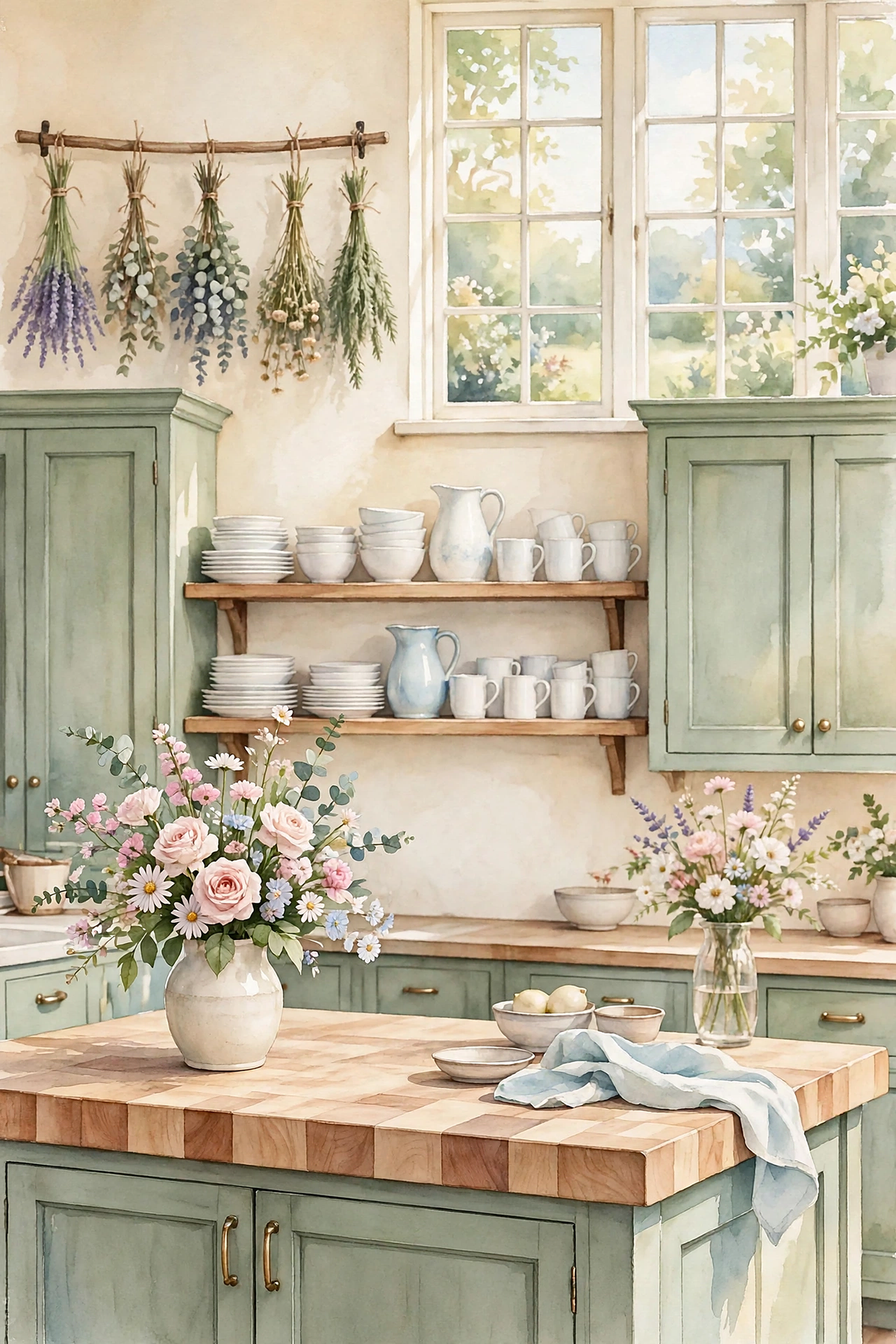 Sage Green Cottage Kitchen — a sage green cottage kitchen with open shelves of white pottery, two vases of flowers and a wooden island