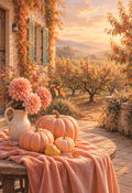 Orchard at Dusk — peach pumpkins and dahlias in a golden orchard at sunset