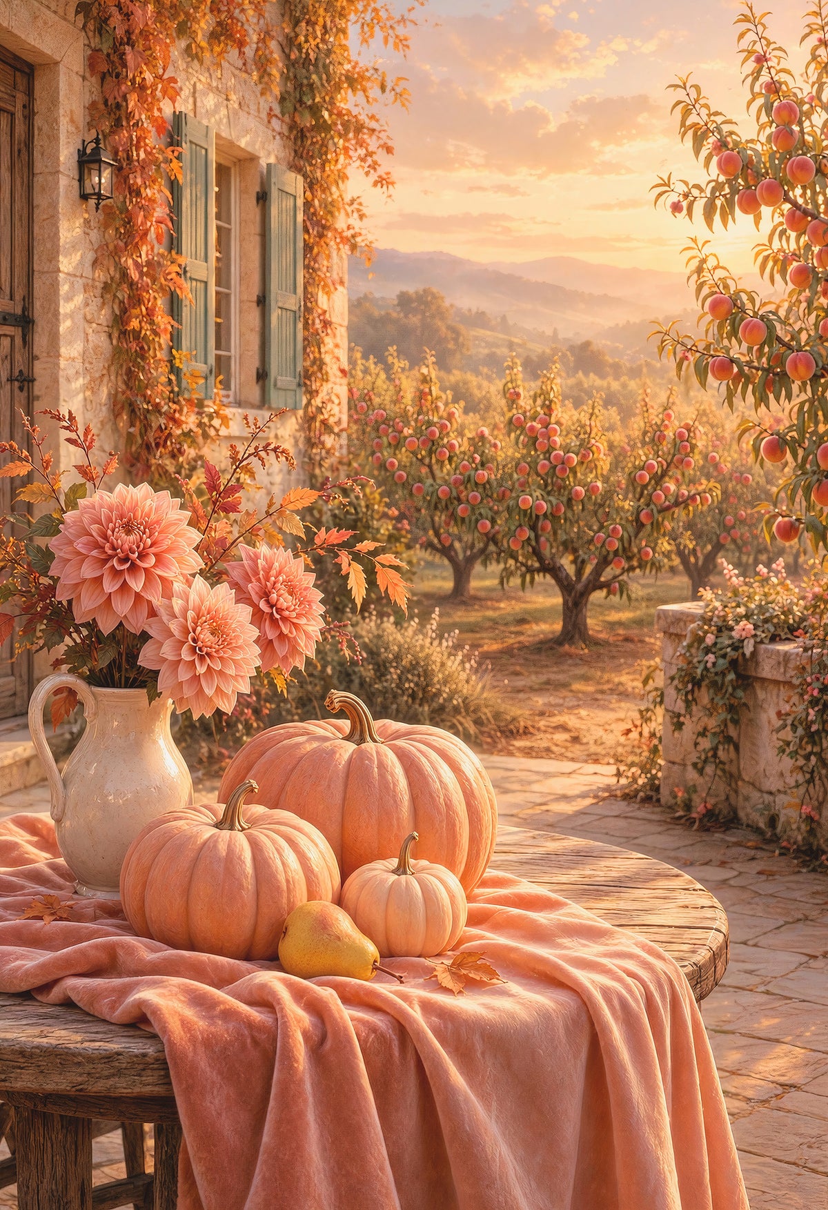 Orchard at Dusk — peach pumpkins and dahlias in a golden orchard at sunset