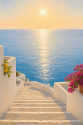 Whitewashed stairs descending to an open blue sea with lemons and magenta bougainvillea, sun and light path on the water, oil painting