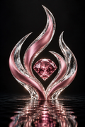 Faceted rose-pink heart in a crystal flame sculpture reflected on dark water