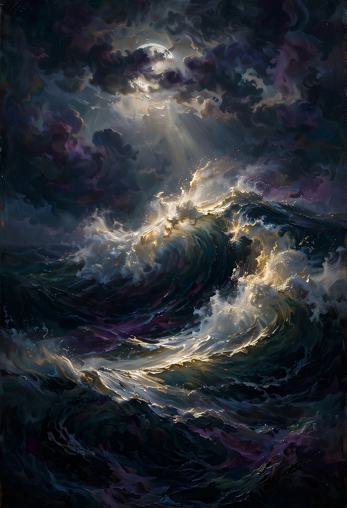 Crashing storm wave under a full moon in violet clouds