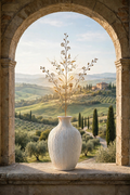 White vase with golden branches in a stone arch overlooking Tuscan hills in the morning
