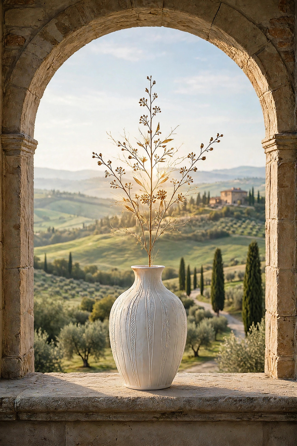 White vase with golden branches in a stone arch overlooking Tuscan hills in the morning