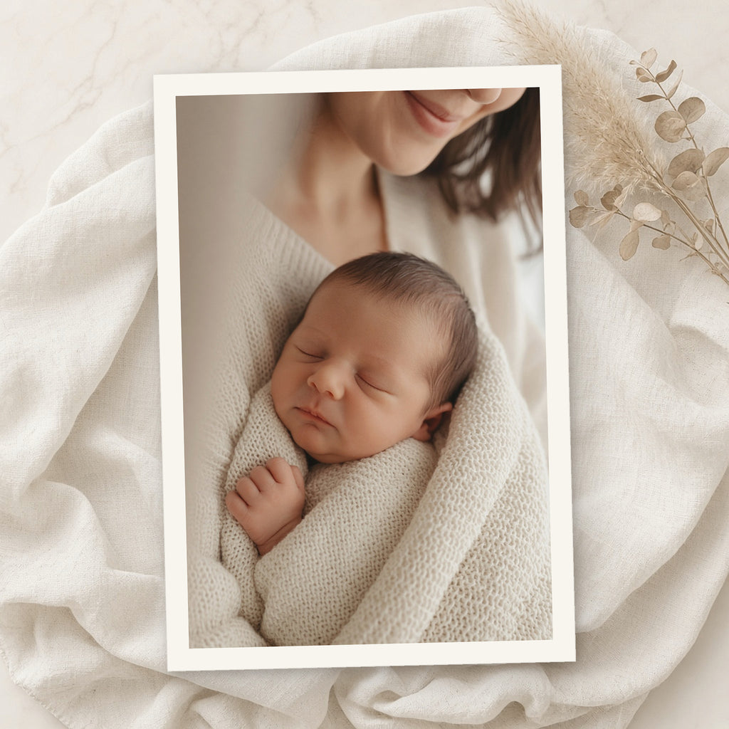 Example print: soft photo of a sleeping newborn in a mother's arms, printed on matte Epson Velvet Fine Art Paper
