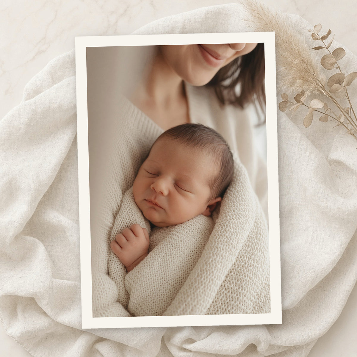 Example print: soft photo of a sleeping newborn in a mother's arms, printed on matte Epson Velvet Fine Art Paper